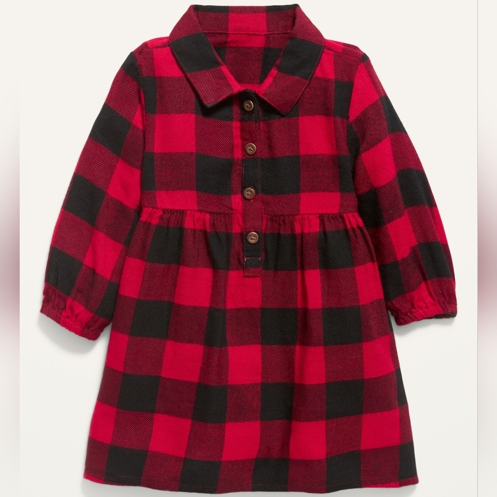 🌻 Old Navy Baby Girl Red Buffalo Check Plaid Flannel Shirt Dress 6-12 months